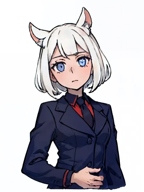 Frontal photo of the girl，((Both sides up),(Half body),(White hair),(blue eyes)),Wearing a black suit,Blue lining,young, White background