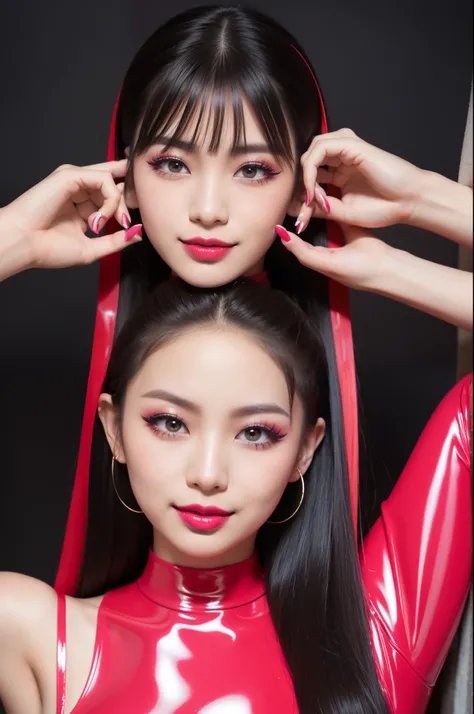 nsfw、sexy asian fashion model、glossy lipstick、smiling face、defined eyebrows、ultra detailed drama makeup、long lashes、full body Esbian、ultra detailed latex business dress、latex choker、latex bracelets、colorful hair、vivid colors