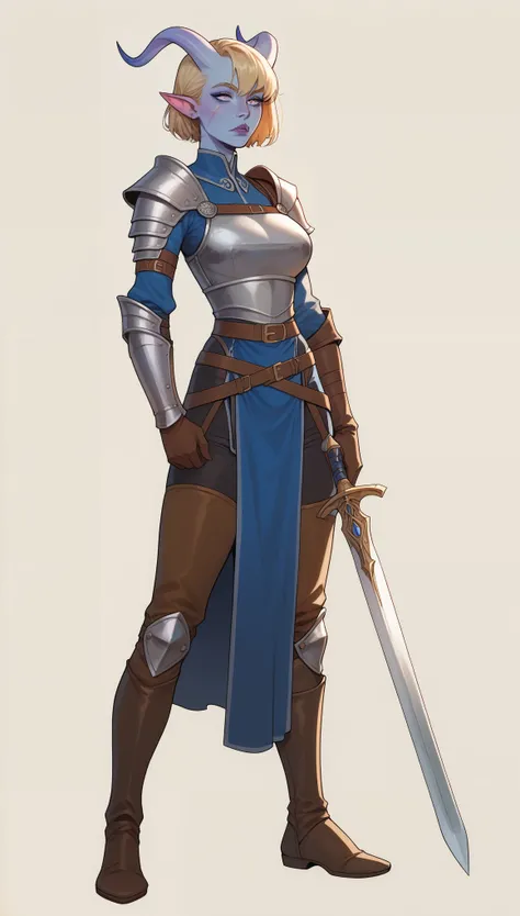 score_9, score_8_up, score_7_up, score_6_up, soruce_anime, 1girl, 20 year old, beautiful face, blue horns pointing up, ((blue skin, tiefling woman)), medieval, knight lady, leather armor, blonde hair, short hair, scar, full body, concept art, design, holdi...