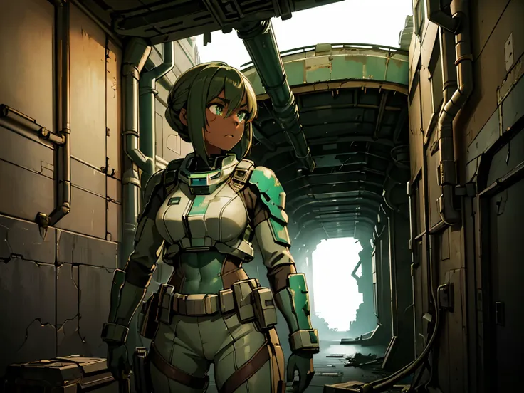 masterpiece, great detail, girl, dark skin, green eyes,. astronaut soldier, without helmet, looking straight ahead, uniforme com...