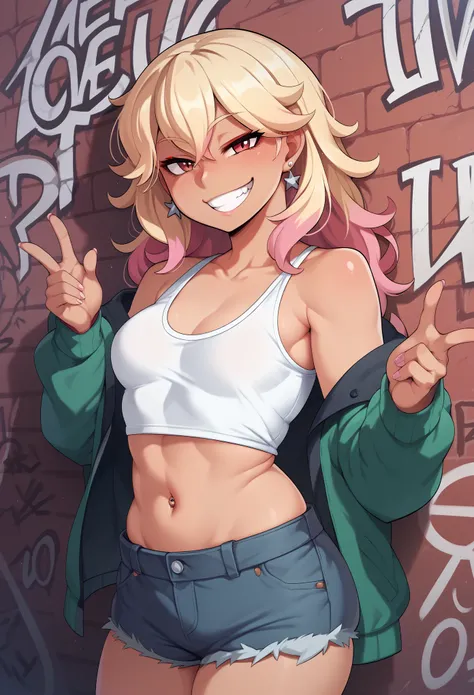 ,graffiti, minimalism, young girl, short stature, small breasts, gyaru, looking at viewer, evil smile, best quality, masterpiece, mesugaki, blonde hair, pink hair highlights, midriff,