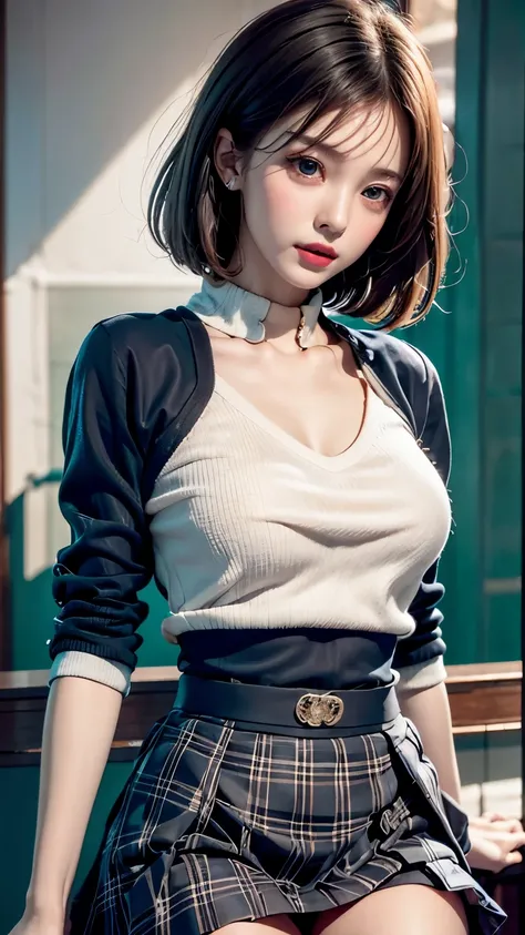 high quality work，actual work，Super premium graphics，8K HD CG Operation，High quality graphics、Short black bob and lip gloss)(((Roll up the skirt yourself)))，(I raised it myself)，suit)