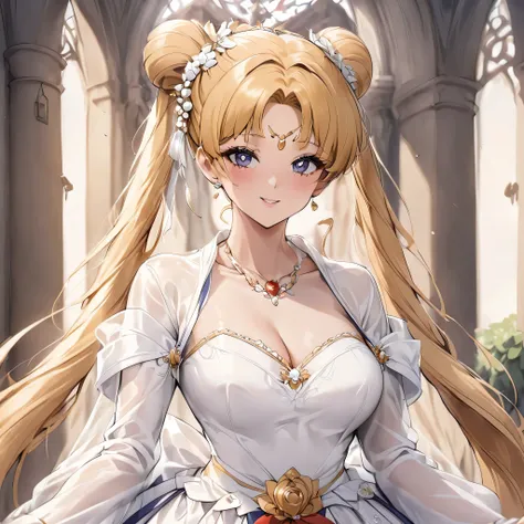 ((Highest quality)), ((masterpiece)), (detailed), （Perfect Face）、A woman marries a man in a Hanfu wedding dress in a luxurious church in China。.、The woman has gorgeous hair、Wearing gorgeous jewelry.、The woman is the elegant Tsukino Usagi, Her long blonde h...