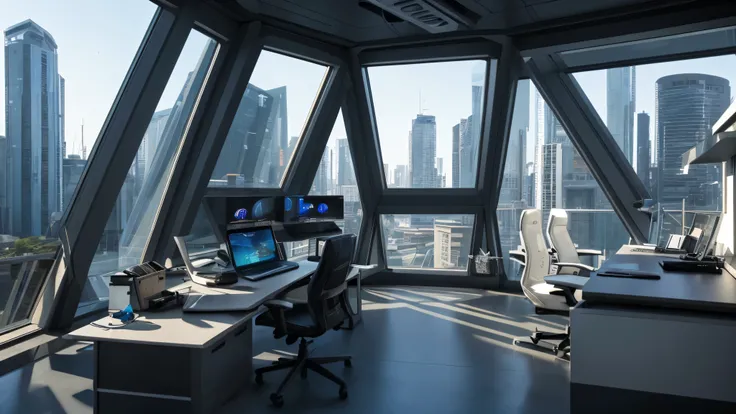 scifi, futuristic home office, outside view, architectual, space design, cyberpunk, futuristic, hightech, hard-surface design, daylight, much tech, much electronic, very cozy, ambient light, realistic view, wide angle, year 2124