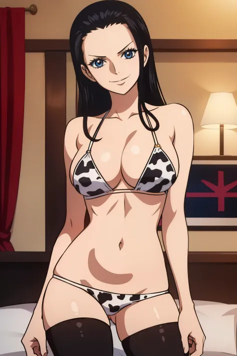 nico robin   ,1girl , anime , hair , eyes , tube top , malicious face, smug smile , solo , no bra , huge breasts ,  cow bikini ,...