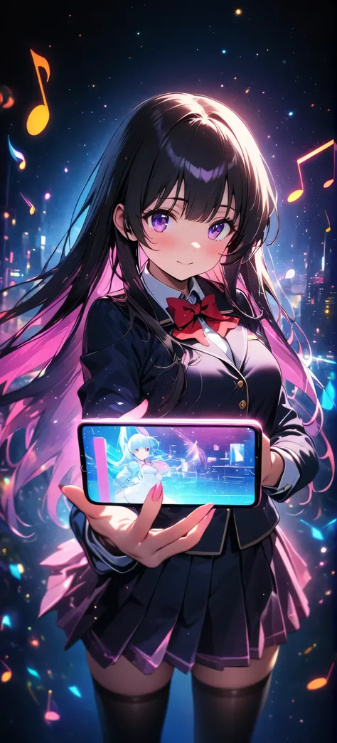 anime girl holding a tablet with music notes on it