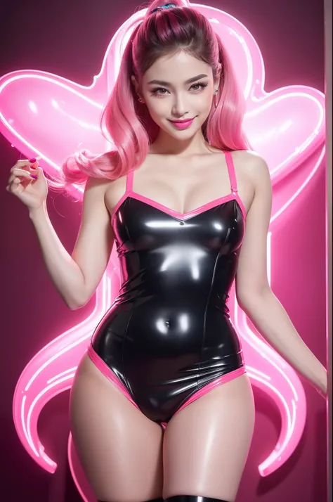 a beautiful girl with glossy transparent lipstick, smiling face, defined eyebrows, long eyelashes, wearing a sheer neon pink latex dress, full body pose, sexy stylish female idol, colorful hair, (best quality,4k,8k,highres,masterpiece:1.2),ultra-detailed,(...