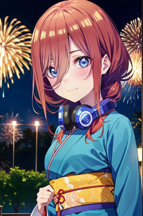 Miku Nakano, miku nakano, Long Hair, bangs, blue eyes, Brown Hair, shirt, Hair between the eyes, Headphones around neck,hair tied back,Flower Hair Ornaments,smile,blush,Blue Kimono,Blue long skirt,Fireworks in the night sky,Fireworks,The place is a firewor...