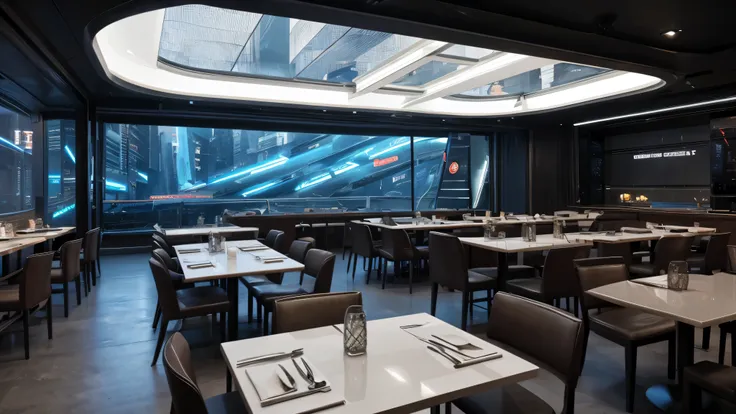 scifi, futuristic restaurant, architectual, space design, cyberpunk, futuristic, hightech, hard-surface design, daylight, much tech, much electronic, very cozy, ambient light, realistic view, wide angle, year 2124