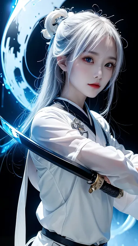 One woman,Very white skin,Transparent((have,Long sword,Japanese sword,Blue Flame,Reflection of light))Close-up Background((Center Part,Black and White,1：1)) samurai,Focus,He has the dignity of a general.,overwhelm,ambition