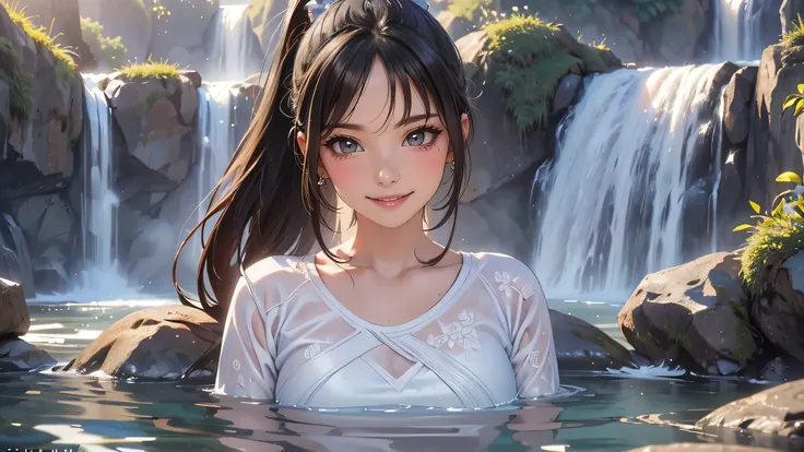 (bathing in the basin of a waterfall),ultra straight hair,long ponytail,rash guard,(highest image quality, (8k), ultra-realistic...