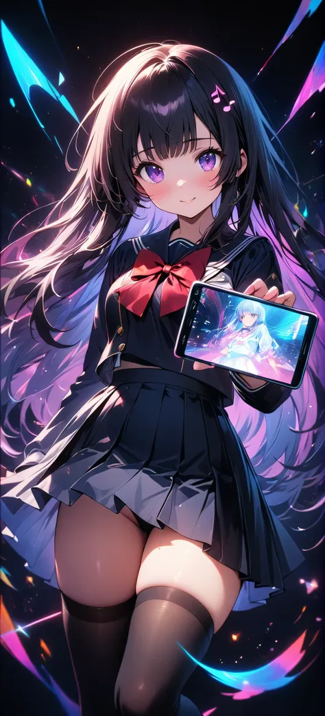 anime girl holding a tablet with a colorful background