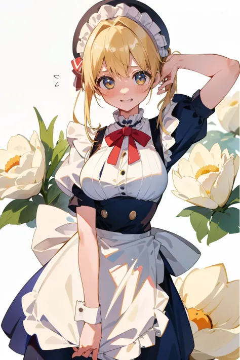 (8k、Highest quality、Highest quality、masterpiece、Very detailed: 1.2)、 1 person、Body from head to waist、woman、Shy、Embarrassed、at noon、 from the front、Blonde、Blondeの、She wears a maid outfit、Sexy maid outfit、Large breasts、