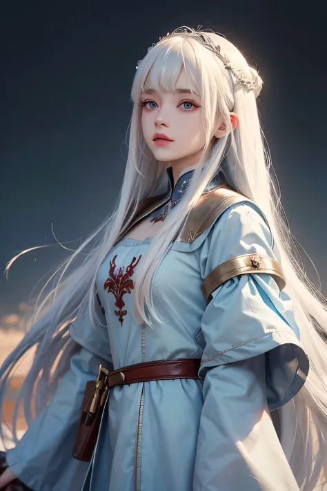 Highly detailed, medieval era, young girl, white hair, long hair with bangs, light blue left eyes and red right eyes, cinematic background