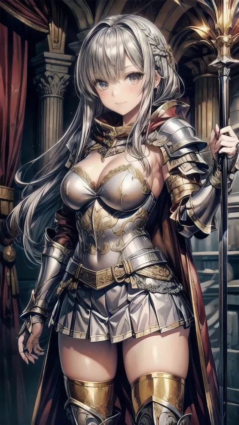 1girl，((Beautiful blue medium hair，Golden Eyes))，((A luxurious metal armor that covers the upper body，pleated micro mini skirt，Thigh-length silver metal boots，Silver metal gauntlets，A very large red cloak:1.55))，8K quality，Extremely sophisticated digital a...