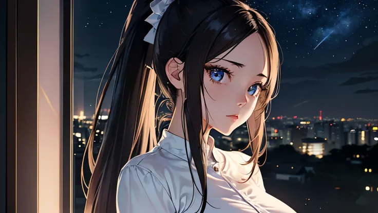 (Excellent: 1.2), (Highest Quality: 1.2), (Very Detailed: 1.2), (A girl standing in front of a window looking at the sky, brunette, medium hair, ponytail, long sleeves, miniskirt), (((Very detailed eyes and face))), ), (Upper body, right side of screen), (...