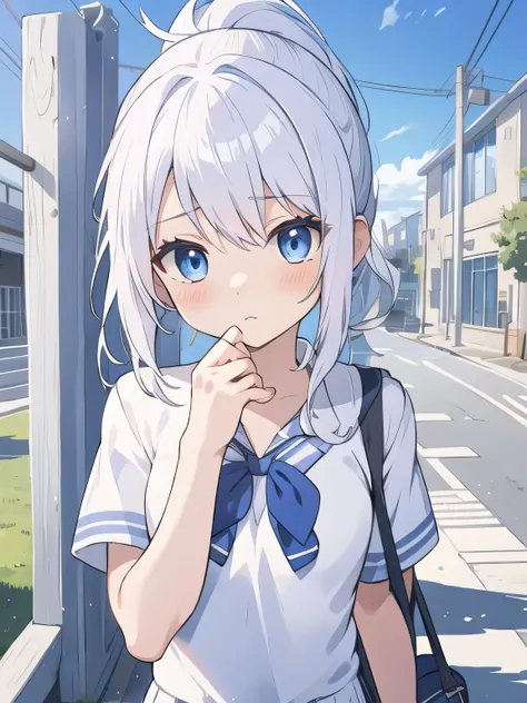 (blue ribbon:0.8), cute girl, anime, silver hair, blue eyes, ponytail, feel shy, school gate, bust up, (white school uniform:1.5), cute, short sleeve