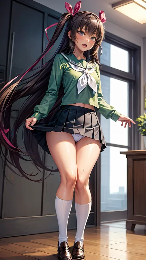 Highest quality,masterpiece,8k,One person,Medium chest,orgasm,blush, Sweat,mini skirt,Lift up your skirt,Under the skirt,White panties,mizuki yukikaze,Hair Ribbon, Green Shirt, Seraphim, White neckerchief, Long sleeve, Pleated skirt, Black Skirt, Black kne...