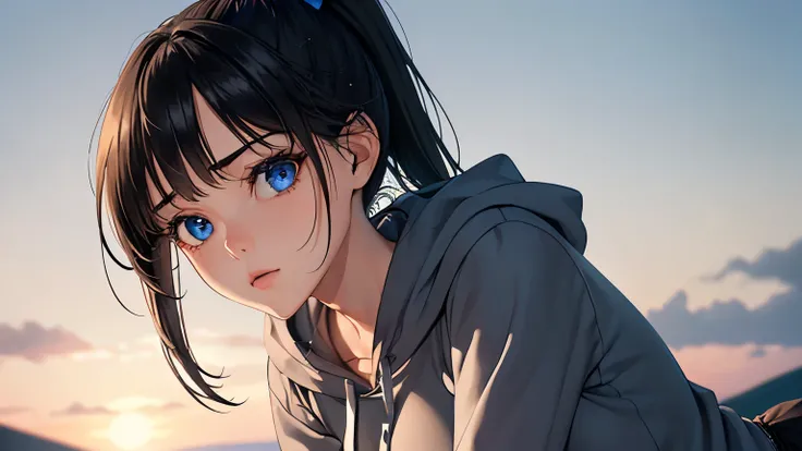 (Excellent: 1.2), (Highest Quality: 1.2), (Super Detailed: 1.2), (A girl looking at the sky, blue eyes, brunette, medium hair, bangs, short ponytail, grey hoodie, long sleeves, black miniskirt), (((Very detailed eyes and face))), ), (Upper body, right side...