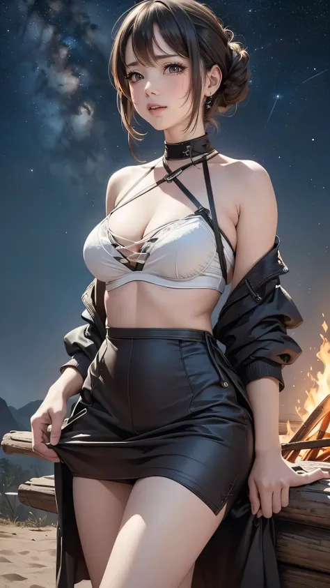 (look up at the starry sky:1.2),make a bonfire,girl camping,(outdoor fashion:1.5),(Thin type:1.8),(big breasts),(random hairstyle),(Highest image quality,(8k),ultra-realistic,best quality, high quality, high definition, high quality texture,high detail,bea...