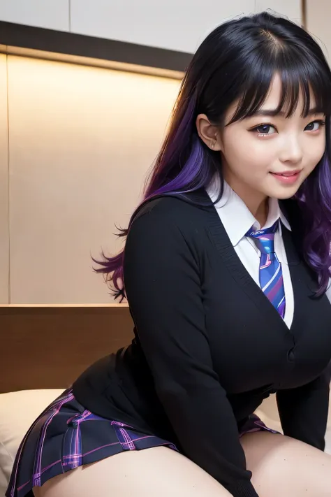  (8k, RAW Photos, Highest quality, masterpiece: 1.2), (Realistic, photoRealistic: 1.4), ((Photograph the whole body)), Chinese women、Chinese Idol、30 years old、((City of night))、(((Schoolgirl uniform)))、((mini skirt))、((Black gal))、Bright purple hair、Wavy h...