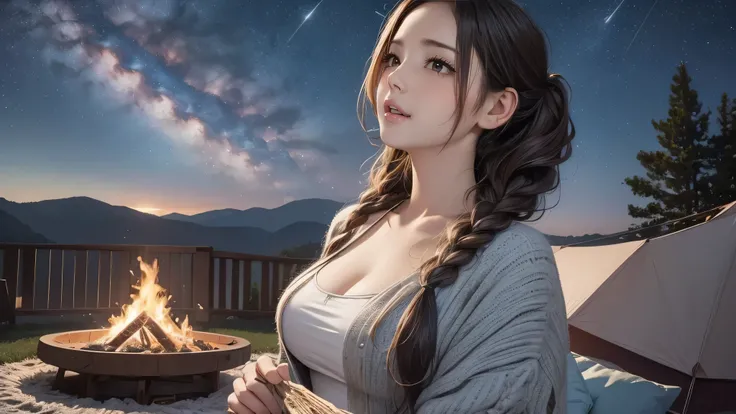 (look up at the starry sky:1.2),make a bonfire,girl camping,(outdoor fashion:1.5),(Thin type:1.8),(big breasts),(random hairstyle),(Highest image quality,(8k),ultra-realistic,best quality, high quality, high definition, high quality texture,high detail,bea...