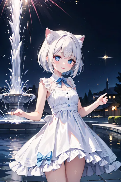 super fine illustration, masterpiece,super detailed,best quality, 8k,cat girl,white short hair,blue eyes,white dress,BREAK she playing in a fountain, on a hell world BREAK the water splashes are sparkling (sparkle: 1.5).detailed background,beautiful backgr...