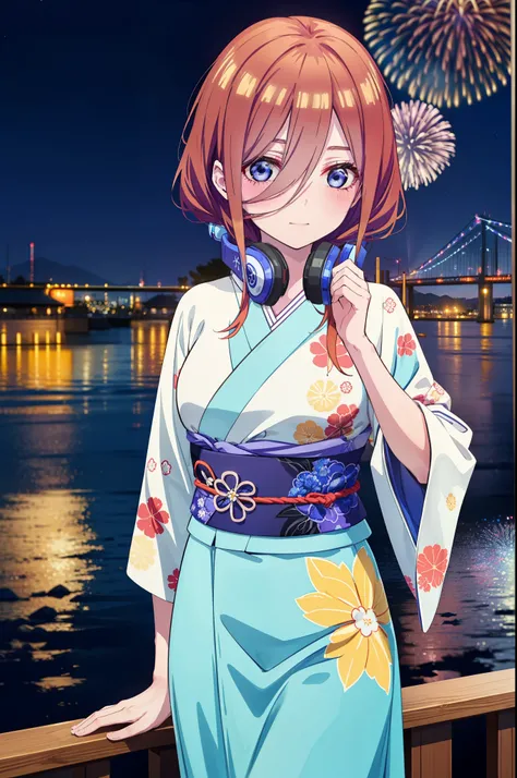 Miku Nakano, miku nakano, Long Hair, bangs, blue eyes, Brown Hair, shirt, Hair between the eyes, Headphones around neck,hair tied back,Flower Hair Ornaments,smile,blush,Blue flower pattern kimono,Blue long skirt,Fireworks in the night sky,Fireworks,The pla...