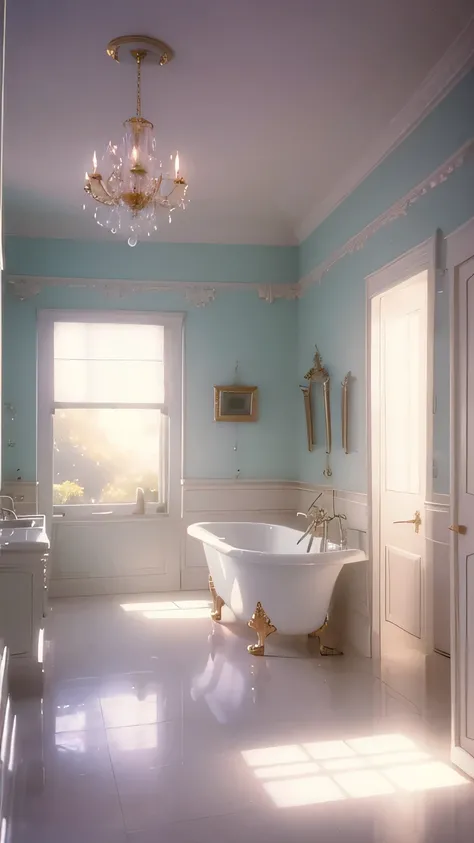 a white dreamy house, bathroom, retro, foggy, soft focus, year of 1995, cool lighting, muted pastel colors, glowing atmosphere, ...