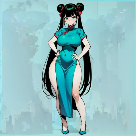 1woman, very long black hair, two buns, turquoise eyes, big breasts, wide hips, thick tighs, narrow waist, turquoise qipao dress, serious face, ((hands on hips)), ((solo)), ((full body)), looking towards the viewer, from the front, simple background