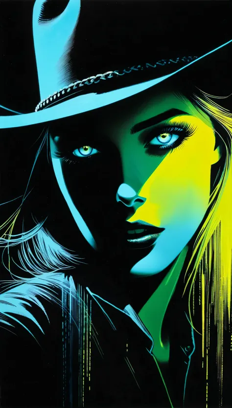 {Hans Hartung style} (1 Girl),{cowboy:1.4},Neon shining eyes,Extreme Shadow,Extreme darkness,