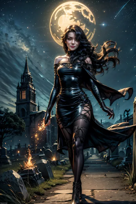 (masterpiece, best quality:1.2), cowboy shot, holding flame, solo, 1girl, cinder fall, smiling, looking at viewer, long hair,  black evening dress, elbow gloves, pantyhose, night, stars, walking through run-down graveyard on hillside, gothic church in back...