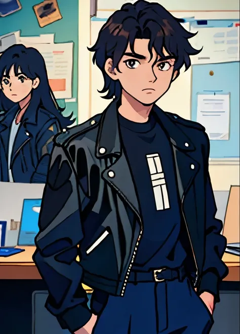 boy, black hair, leather jacket
