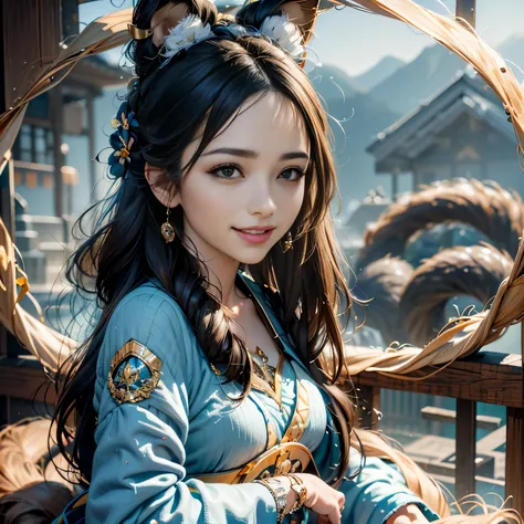 A girl wearing a blue dress and a watch stands on a hill,Standing on the top of the mountain,Standing on the top of the mountain, Hair blowing in the wind,Hair blowing in the wind,Hair blowing in the wind.,She lifted her head slightly.., Her arms were open...