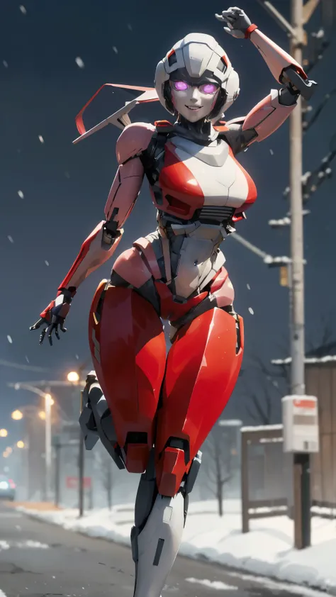 ROTB_Arcee, 1girl, medium breasts, smile, robot, (perfect figure), mecha, (glowing eyes:1.2), outdoors, navel, thick thighs, snow falling on street, (((one leg up))), ((spread pussy))