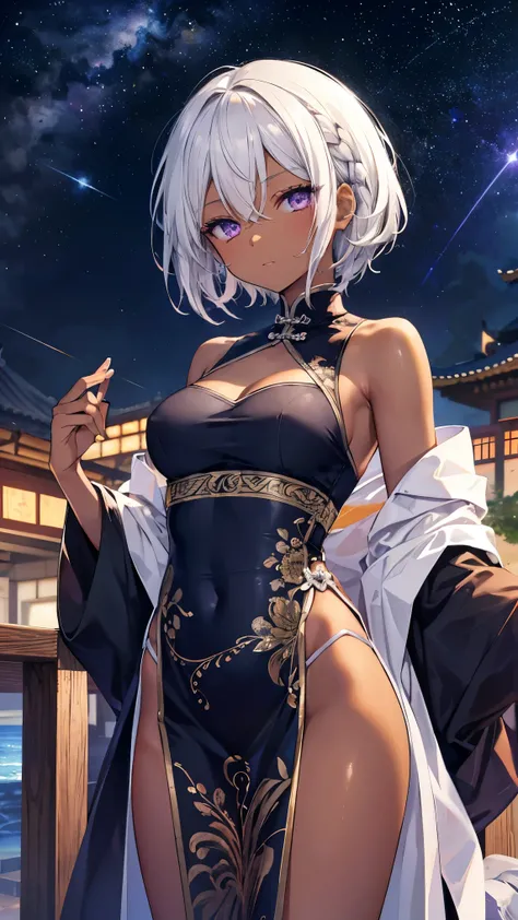 ,Highest quality,Silver Hair,Brown skin,Dark Skin,Sunburn,Purple Eyes,Paint on the face,Short Hair,Braiding,Half Up,Beautiful breasts,China dress,Starry Sky,Toned body,slender,