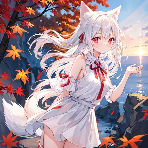 beautiful picture, best quality, a cute girl, Maple나무 숲, pastel colors, Long white hair, red eyes, cute expression, Exposed shoulders, White clothes, embarrassing, White skin, Vigorous, standing, upper body bent,autumn, wind, Put your hands on your knees,,...