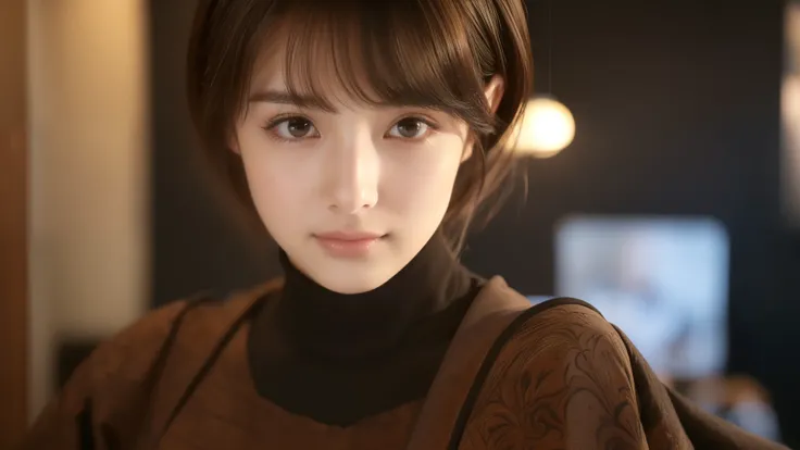 １Must be a person, Realistic photos, Beautiful Eyes, Elegant kimono, Calm expression, Soft lighting, Traditional Japanese art style, Vibrant colors, Peaceful atmosphere, Delicate features, Graceful posture, (((Face close-up)))、(((Brown, shoulder-length, st...