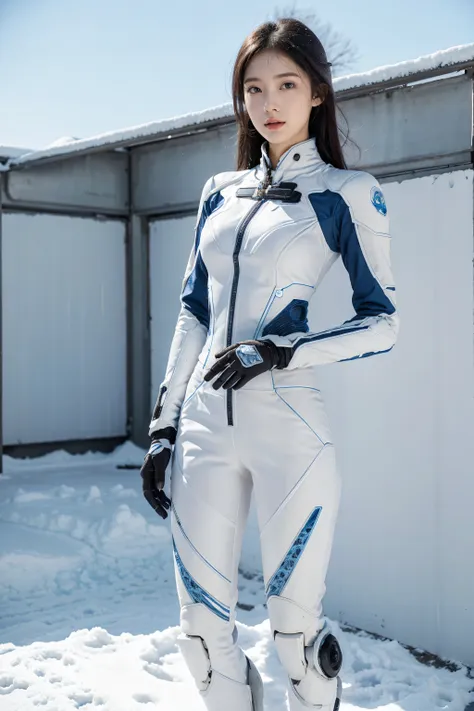 1 girl, lovely, ice and snow world, alone, skinny, wind, mecha suit, whole body, pretty face, decorated with intricate patterns ...