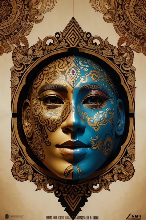 Illustration design of carnival mask poster sketch showing the comparison between artificial intelligence and human intelligence with local Indonesian nuances.. On the left side of the poster, display visual elements that represent artificial intelligence,...