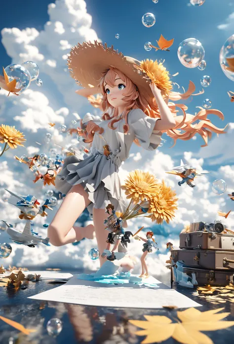 there is a suitcase with a straw hat on top, clouds, atmosphere, leaves, chrysanthemums floating in the air, paper airplanes, (m...