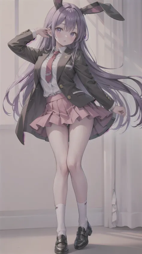 （（super high quality,Ultra-high resolution,16K,super masterpiece,Ultra HD,Ultra high definition,））One high school girl,Rabbit ears,Very long straight purple hair,Slender body,Black blazer,White dress shirt,Red tie,Pink mini skirt,White socks,