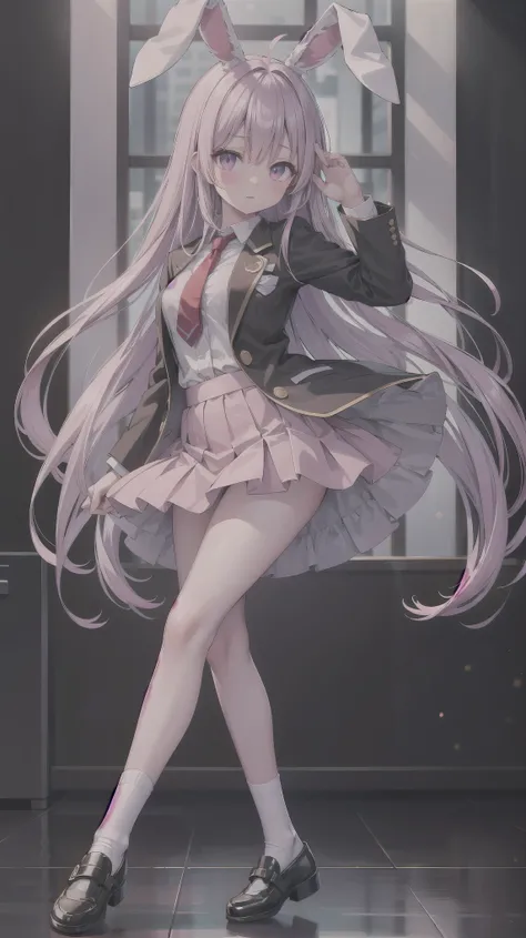 （（super high quality,Ultra-high resolution,16K,super masterpiece,Ultra HD,Ultra high definition,））One high school girl,Rabbit ears,Very long straight purple hair,Slender body,Black blazer,White dress shirt,Red tie,Pink mini skirt,White socks,