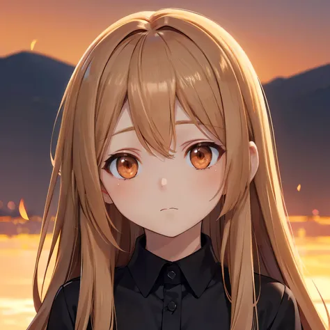 Light brown hair, long hair, white, short, woman, outside, light orange eyes, small mouth, portrait, sunset, dusk, pretty eyes, beautiful eyes, head only, upper body, close up, black shirt, straight face, kuudere, emotionless, expressionless