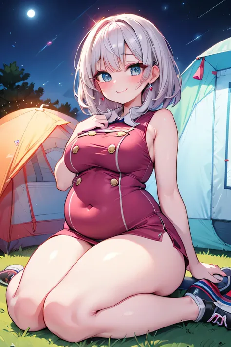 Hentai、Highest quality、A short, chubby, small-breasted camper lies down in a camping tent late at night and shows off her sexual appeal、Perfect proportions、Plump thighs、Fatty legs、Beautiful sparkling eyes、smile、Blushed、Cowboy Shot