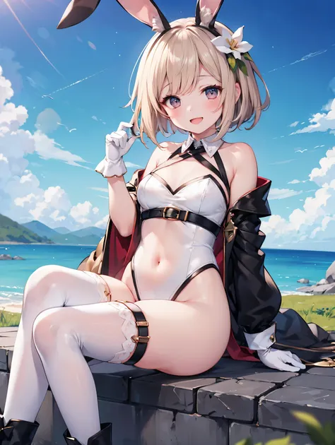 GRANBLUEfantasy,1young_teen_ girl,brown_hair,medium_bob_hair,platina_blond_hair,white_leotard,covered_crotch,thigh-highs,smile,standing,bluesky_landscape_background,slightly_spread_legs,happiness, short_gloves ,solo, r18, navel,relicbuster,short,boots,open...