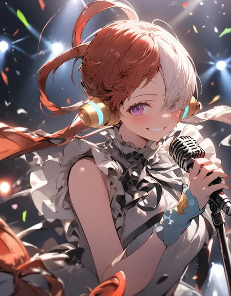 masterpiece、1 girl, uta, red and white hair、((stand microphone))、smile、live stage background、lots of spotlights, (focus on the f...