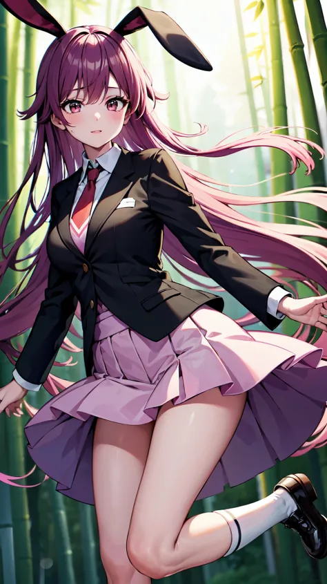 （（super high quality,Ultra-high resolution,16K,super masterpiece,Ultra HD,Ultra high definition,））One high school girl,Rabbit ears,Very long straight purple hair,Slender body,Black blazer,White dress shirt,Red tie,Pink mini skirt,White socks,Bamboo forest ...