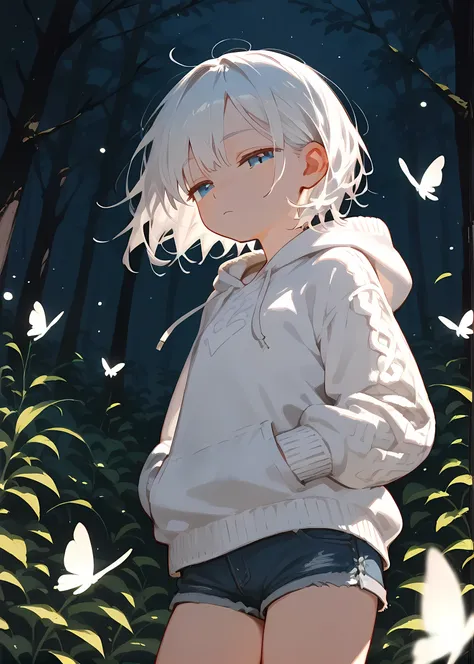 score 9, score 8 up, score 7 up, , young girl, grassland, dark background, night, forest, 
white hair, blue eyes, half-closed ey...