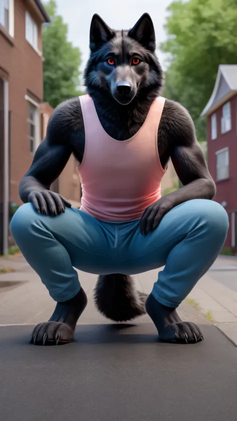 furry, alone, close up, male black wolf, Bright red eyes, finger claws, Greet the viewer, pastel pink sleeveless shirt, blue pants, happy, Street, forest, Houses, squatting posture, fluffy tail, open legs, 4K quality